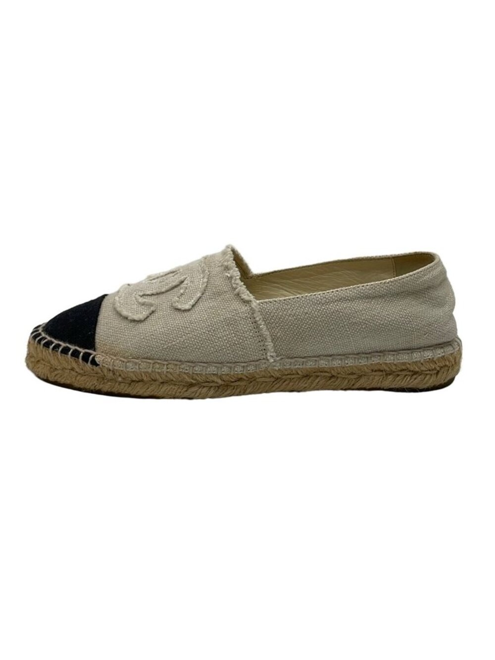 Chanel Flat Shoes Ivory Black Linen